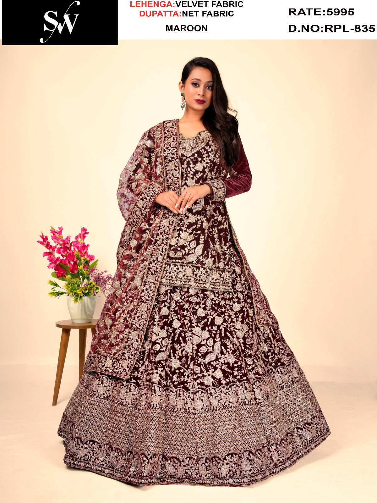 Attractive wine Velvet Peplum Dress Lehenga