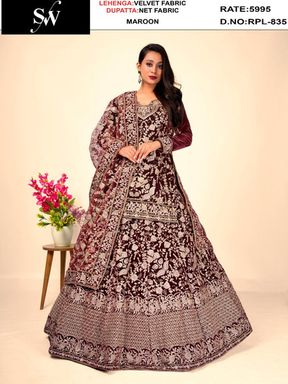 Attractive wine Velvet Peplum Dress Lehenga