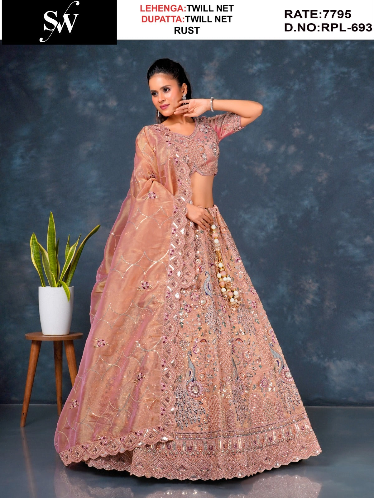 Gorgeous Rust peach Twill Net peacock Lehenga