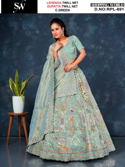 Astonishing Lavender peacock Twill Net Lehenga