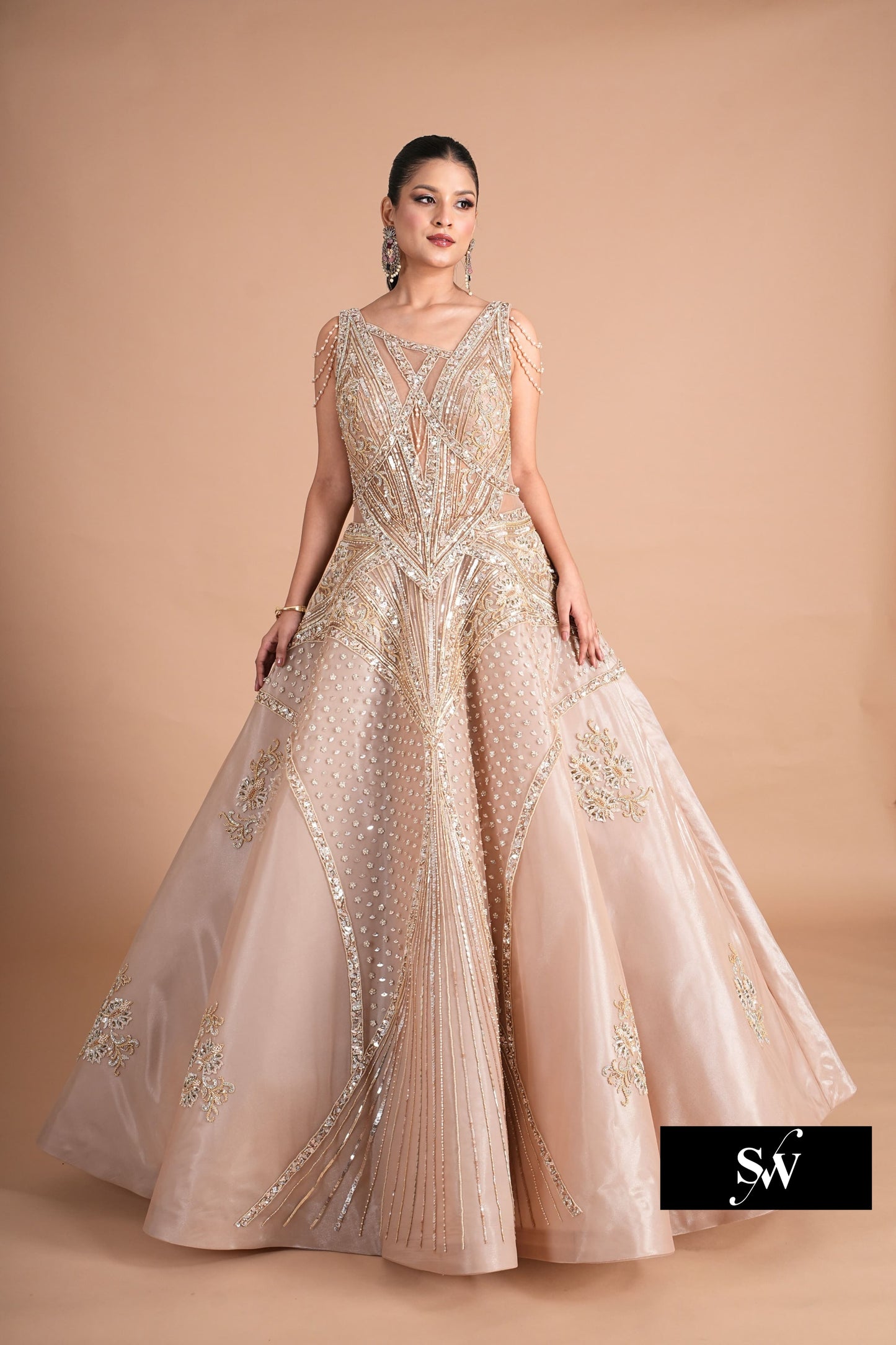 Embellished Pink peach handwork pink Sequins gown