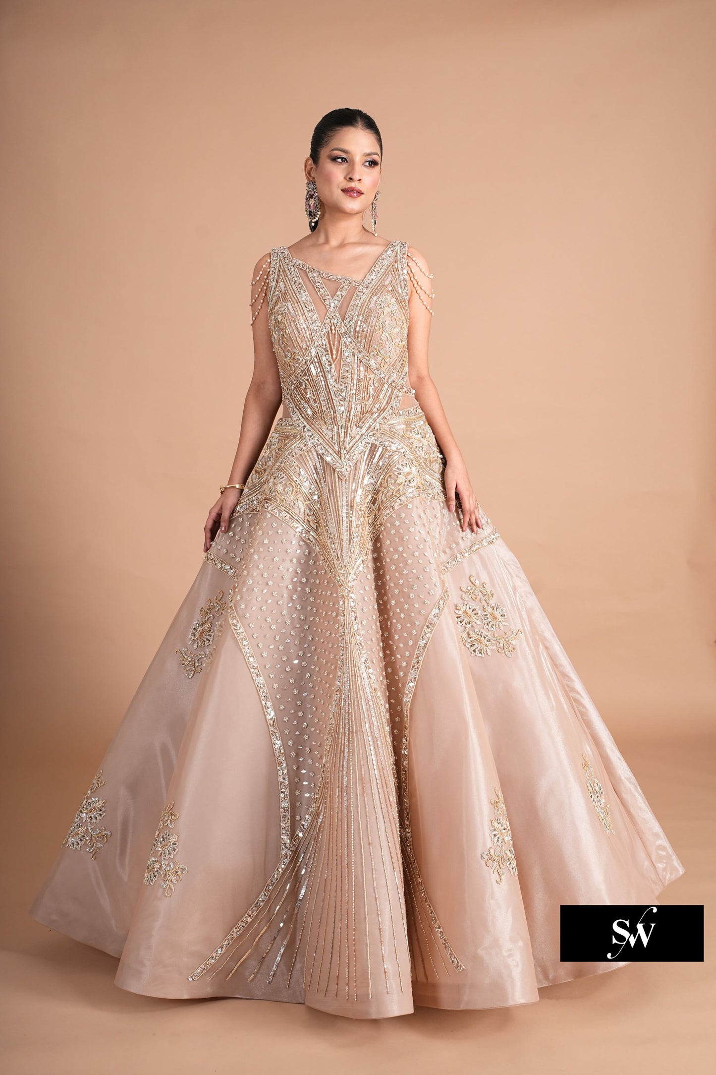 Embellished Pink peach handwork pink Sequins gown