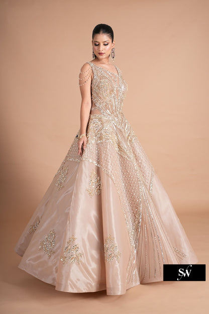 Embellished Pink peach handwork pink Sequins gown