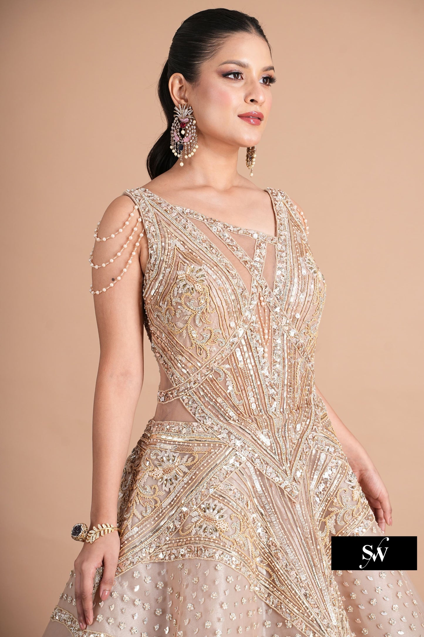 Embellished Pink peach handwork pink Sequins gown