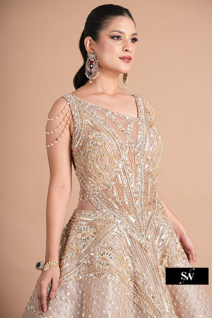 Embellished Pink peach handwork pink Sequins gown