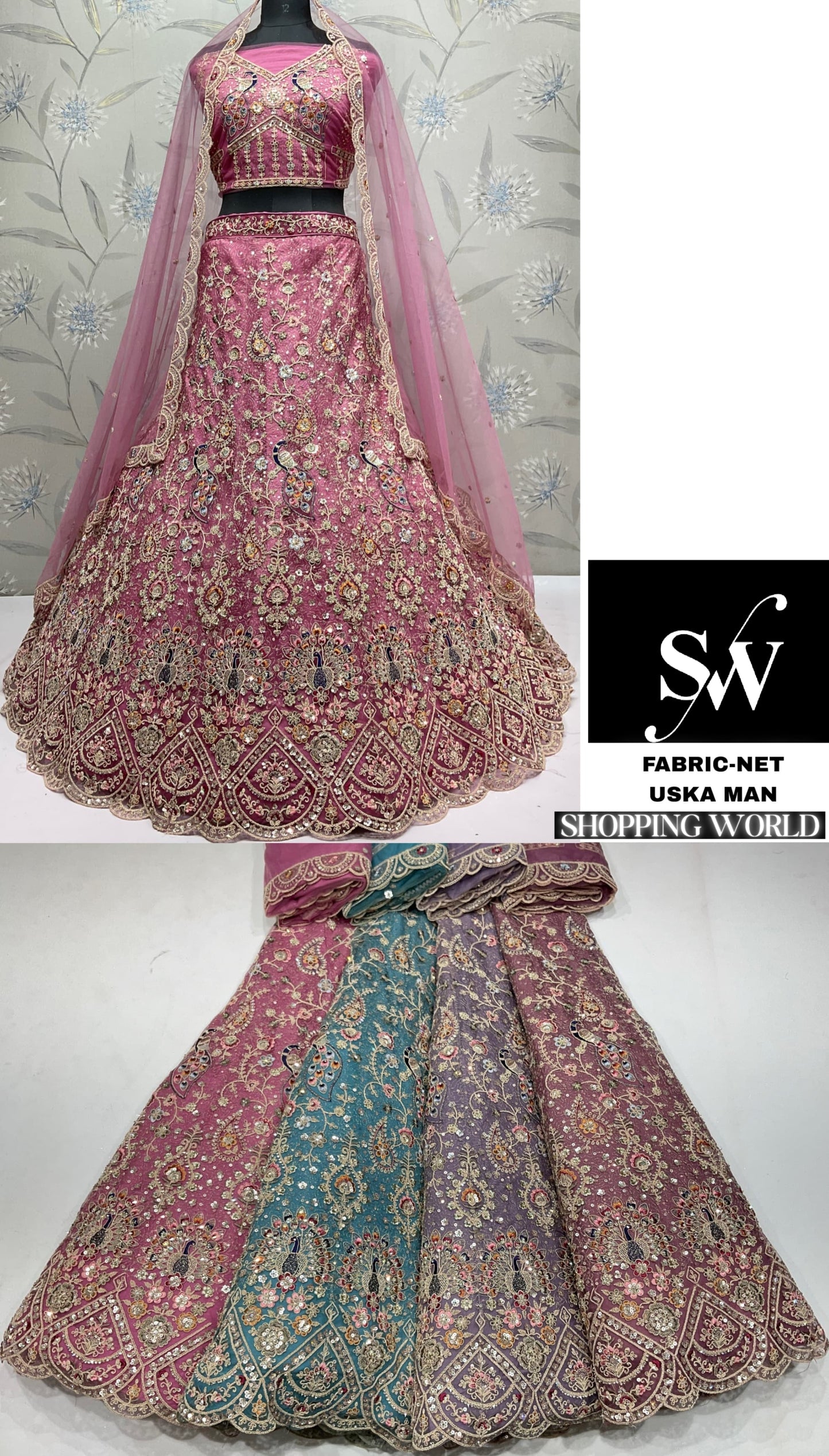 Glamorous pink peacock Net Lehenga