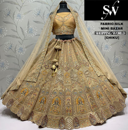 Elegant Chiku golden peacock Lehenga