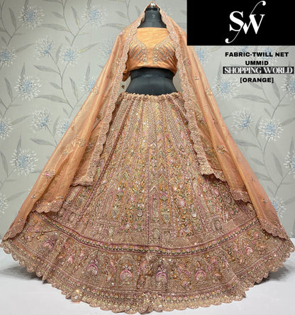 Khoobsurat orange Twill Net Lehenga