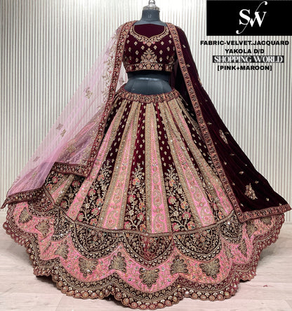Awesome Rani maroon Double Velvet Jacquard Duptta Bridal Lehenga