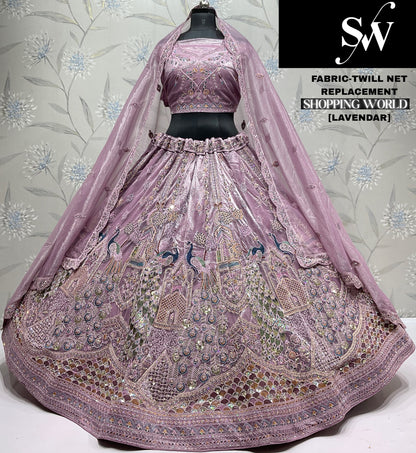 Pretty Lavender peacock Twill Net Lehenga
