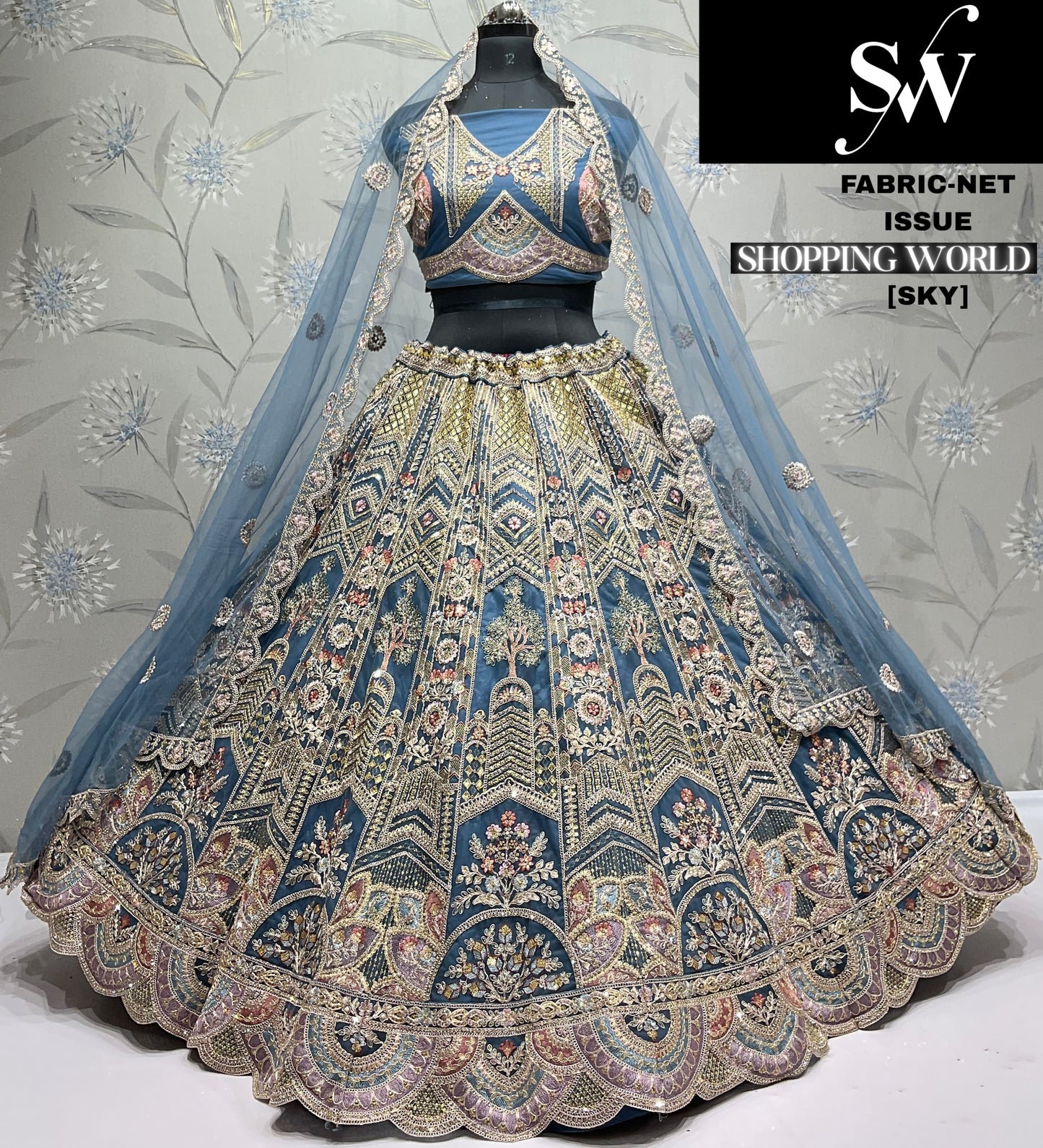 Engaging Blue Net Crop top Lehenga