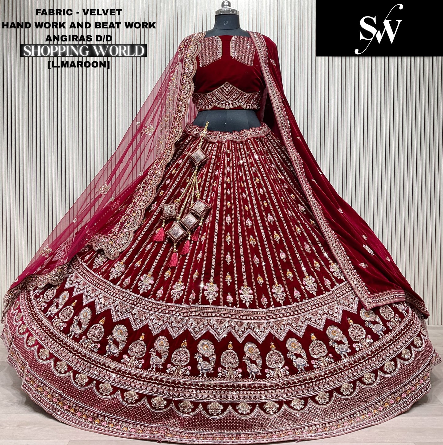 Amazing Light maroon Double duptta Velvet peacock Bridal Lehenga