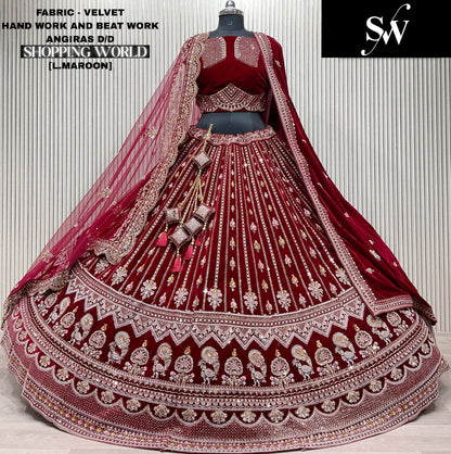 Amazing Light maroon Double duptta Velvet peacock Bridal Lehenga