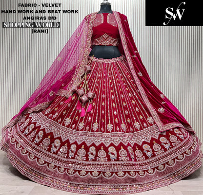 Amazing Light maroon Double duptta Velvet peacock Bridal Lehenga