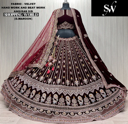 Amazing Light maroon Double duptta Velvet peacock Bridal Lehenga