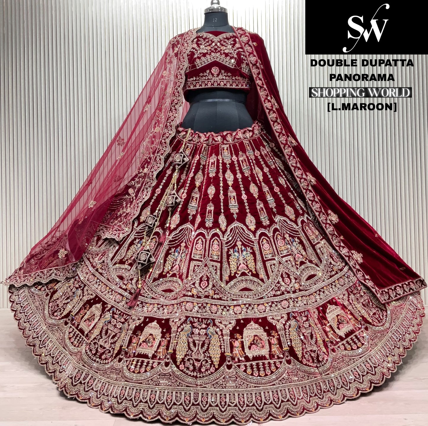 Elegant Dark maroon Double duptta Doli Barat Bridal Lehenga