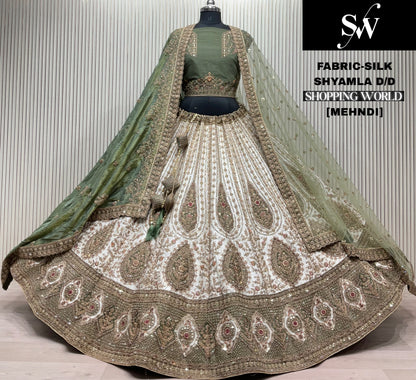 Good looking Mehendi green Double Duptta Silk Bridal Lehenga Good looking Mehendi green Double Duptta Silk Bridal Lehenga