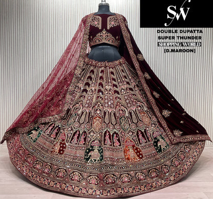 Elegant Dark maroon peacock Double Duptta Bridal Lehenga