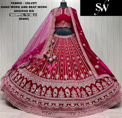 Pleasing Light maroon Velvet peacock Double Duptta Bridal Lehenga