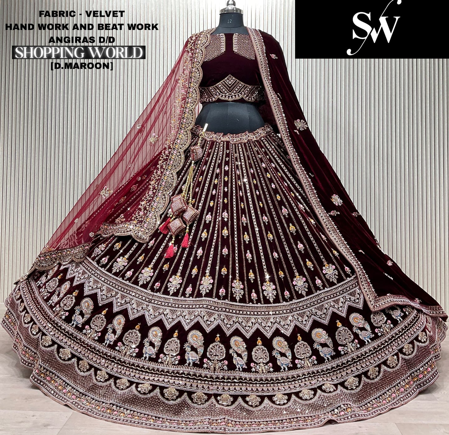 Pleasing Light maroon Velvet peacock Double Duptta Bridal Lehenga