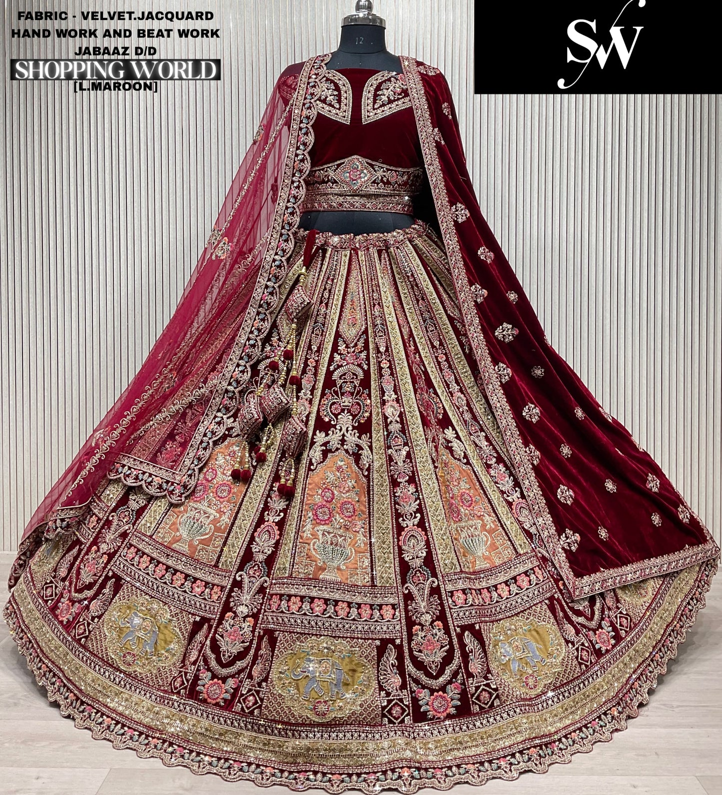 Lovely Light maroon Velvet Jacquard peacock Double Duptta Bridal Lehenga