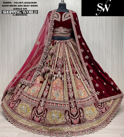 Lovely Light maroon Velvet Jacquard peacock Double Duptta Bridal Lehenga