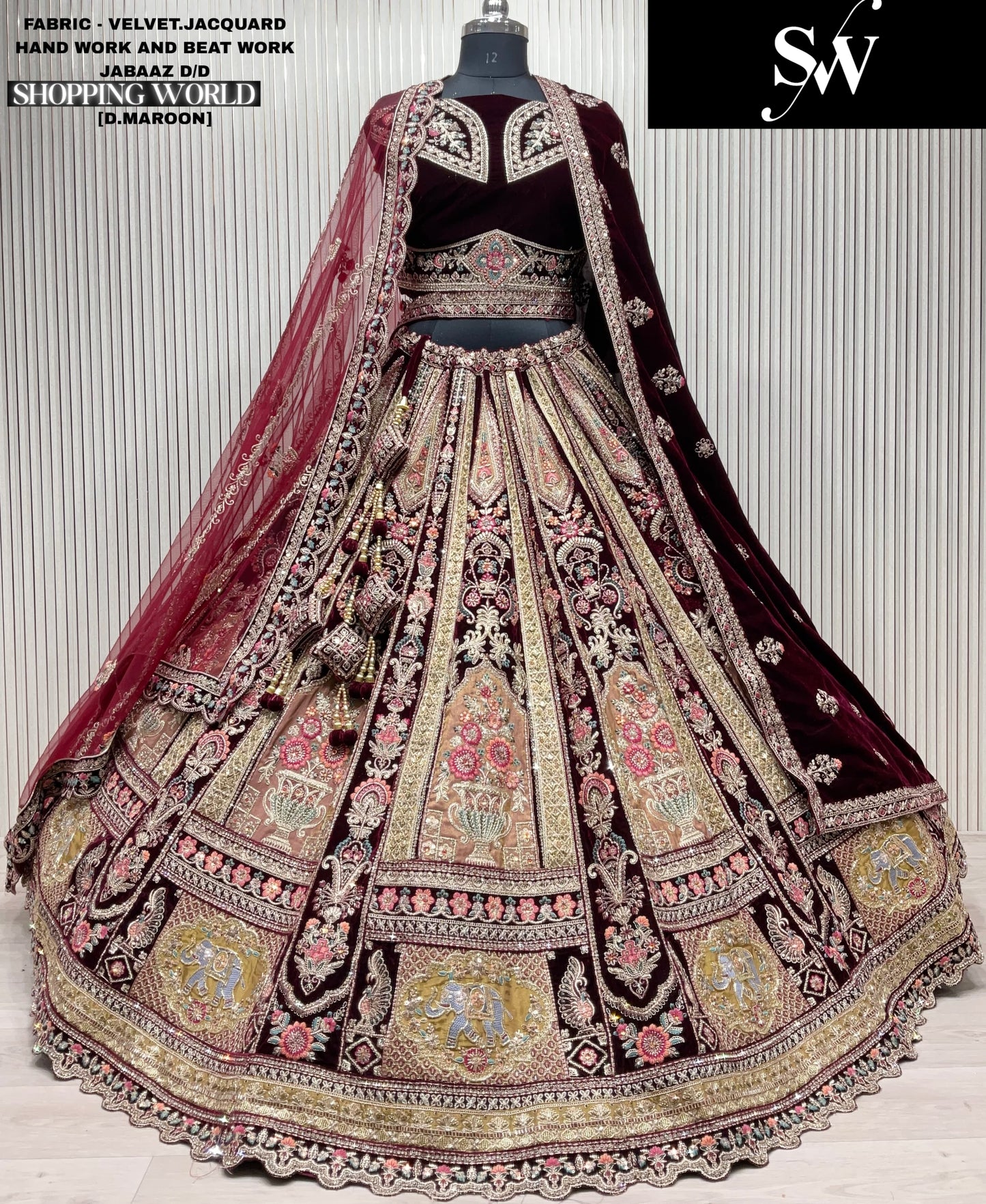 Lovely Light maroon Velvet Jacquard peacock Double Duptta Bridal Lehenga