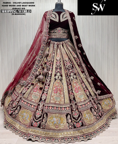 Lovely Light maroon Velvet Jacquard peacock Double Duptta Bridal Lehenga
