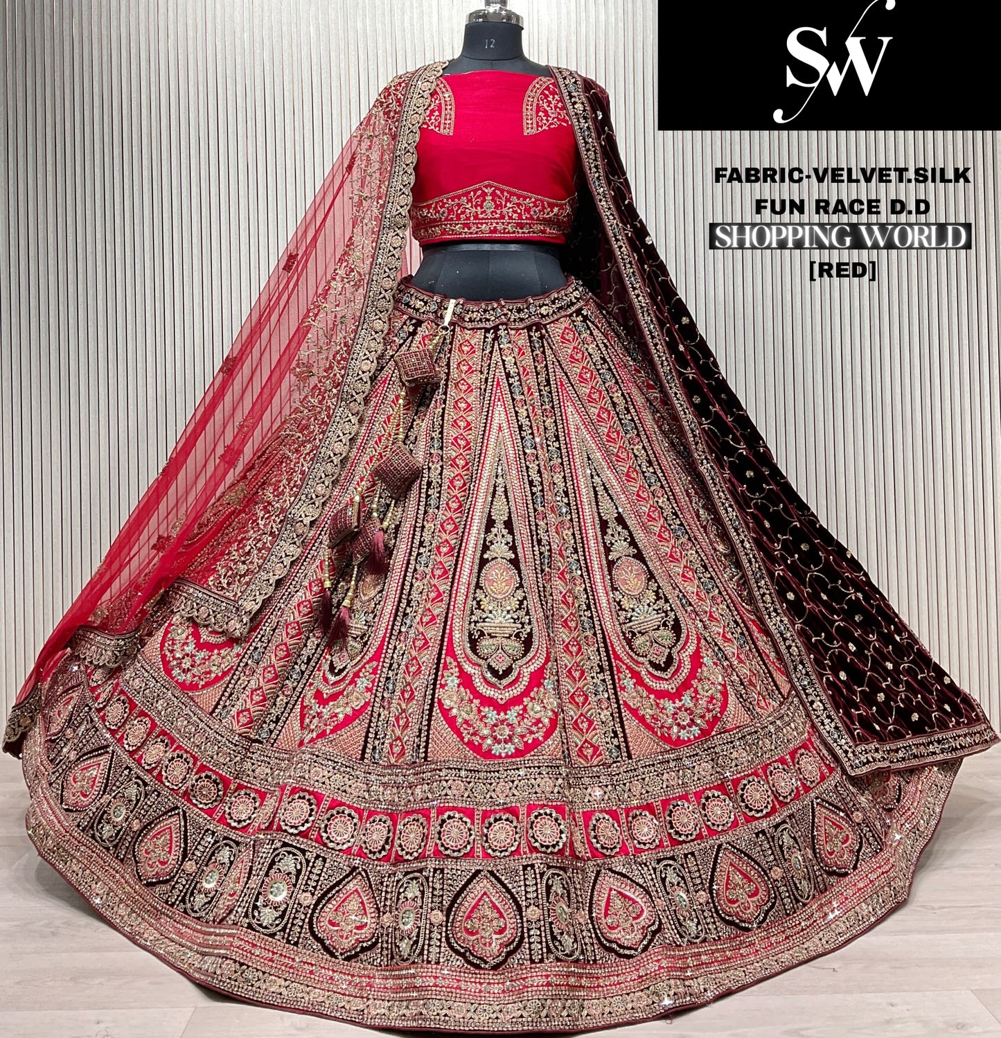 Good looking peach pink Velvet Silk Double Duptta Bridal Lehenga