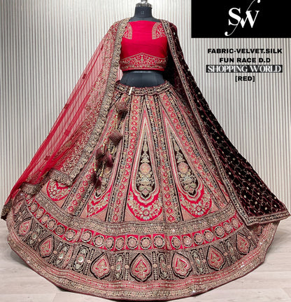Good looking peach pink Velvet Silk Double Duptta Bridal Lehenga