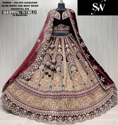 Tremendous Dark maroon Velvet Jacquard Double Duptta Bridal Lehenga