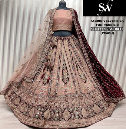Good looking peach pink Velvet Silk Double Duptta Bridal Lehenga