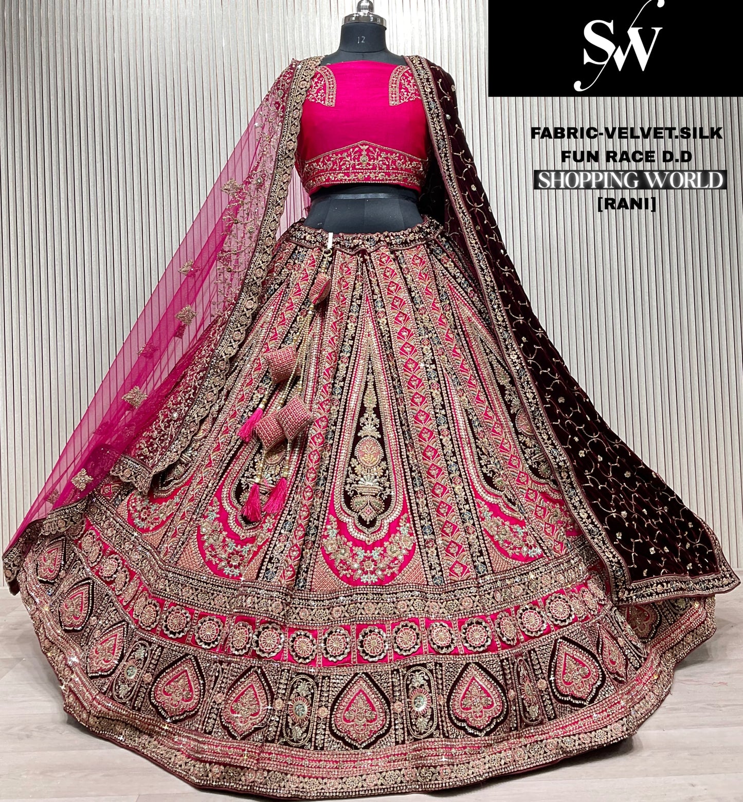 Good looking peach pink Velvet Silk Double Duptta Bridal Lehenga