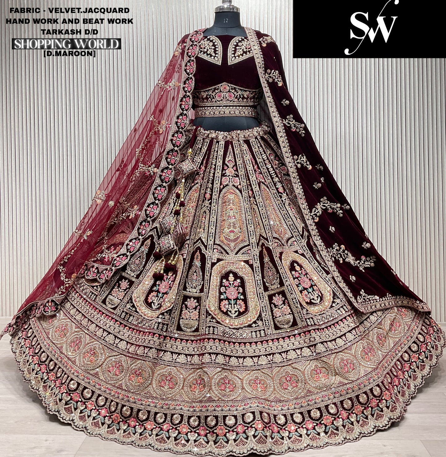 Glamorous Dark maroon Double Duptta Velvet Jacquard Bridal Lehenga