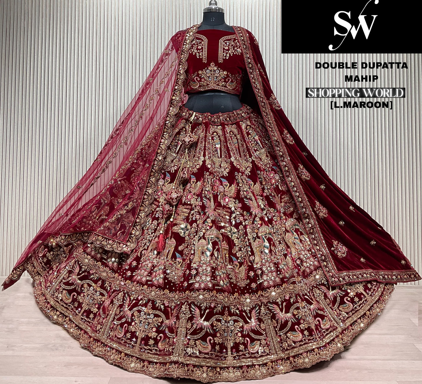Elegant light maroon Velvet Peacock Bridal Lehenga