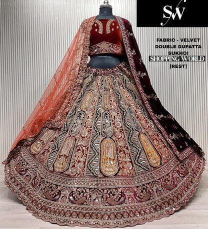 Charming Rani pink Velvet Double Duptta peacock Bridal Lehenga