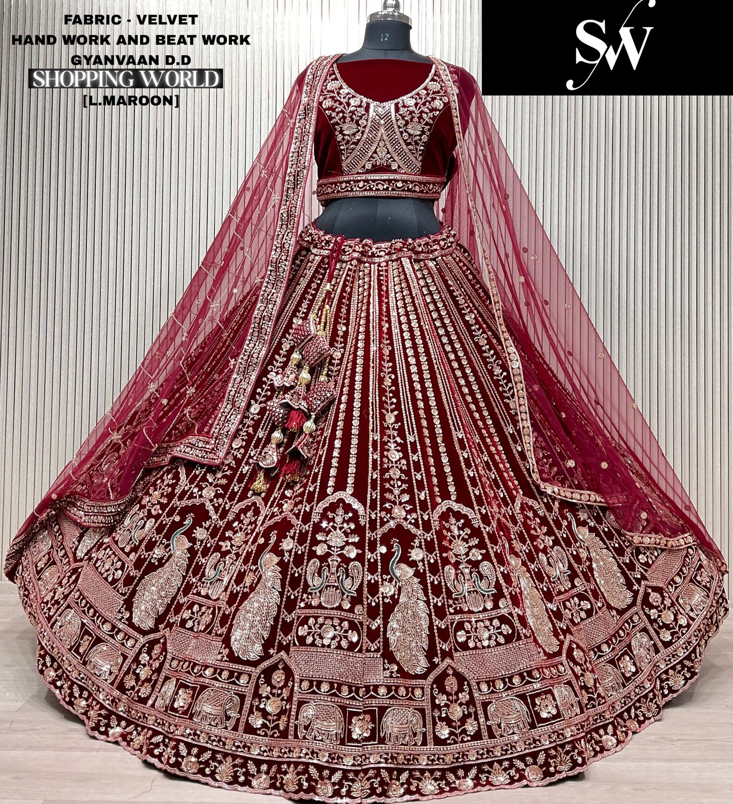 Something different light maroon Velvet Peacock Bridal Lehenga