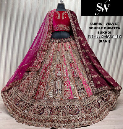 Charming Rani pink Velvet Double Duptta peacock Bridal Lehenga