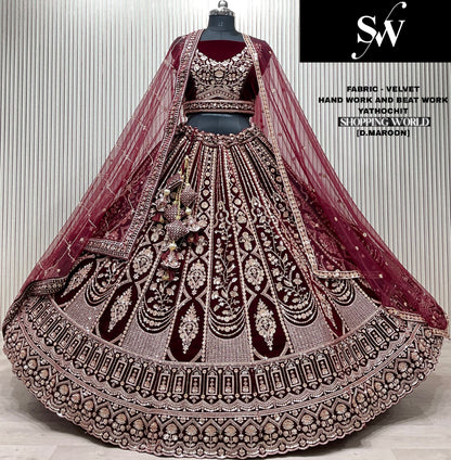 Lavishing Dark maroon Velvet Bridal Lehenga