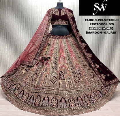 Khoobsurat golden maroon peacock Double duptta Velvet Silk Bridal Lehenga