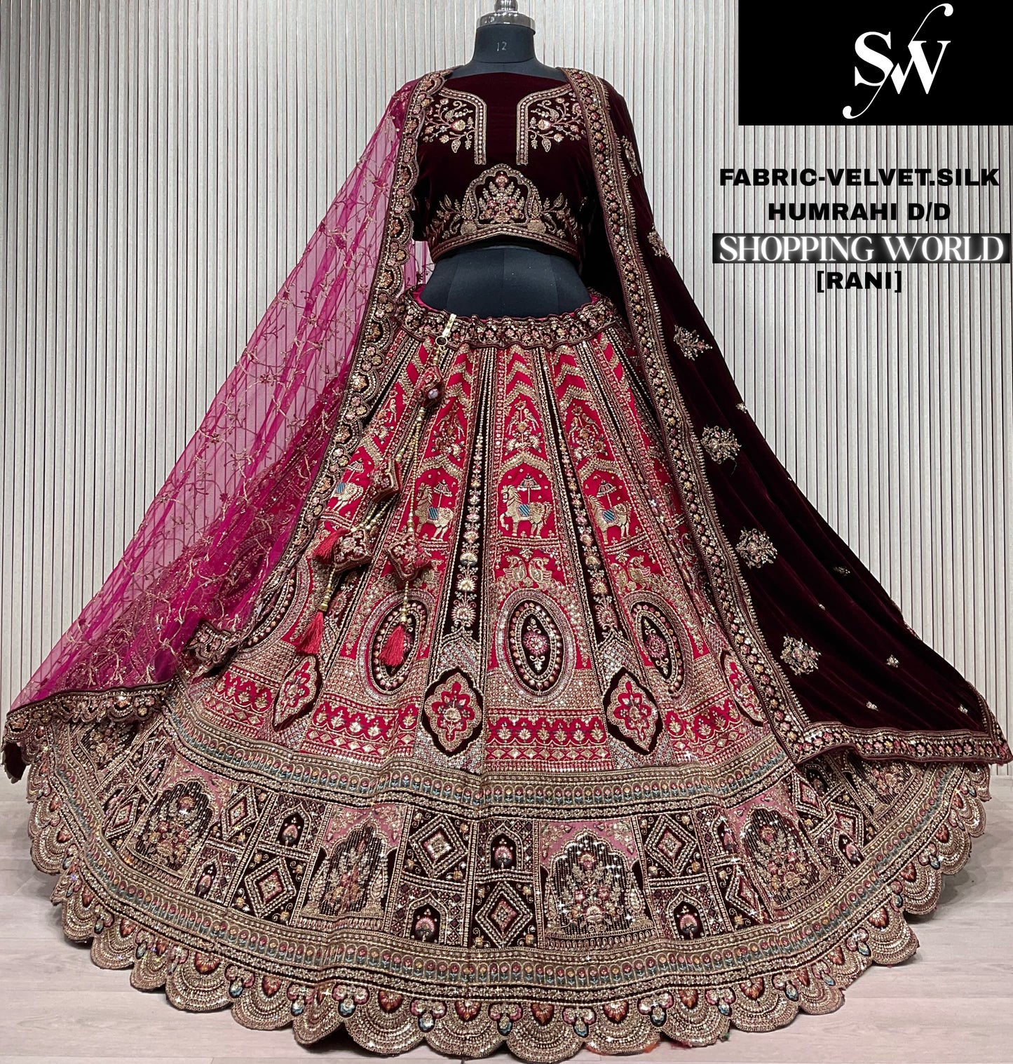 Fabulous red Velvet Silk peacock Double Duptta Bridal Lehenga