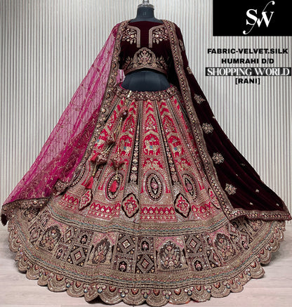 Fabulous red Velvet Silk peacock Double Duptta Bridal Lehenga