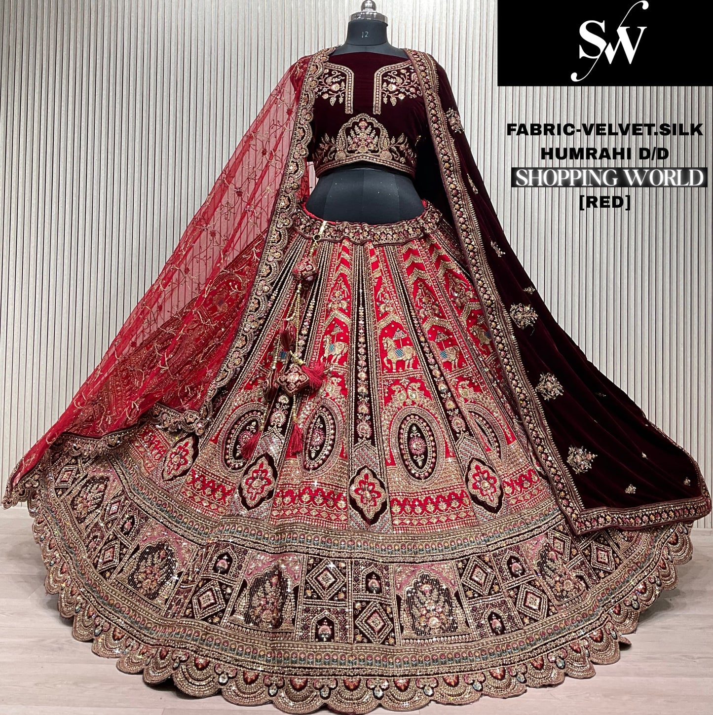 Fabulous red Velvet Silk peacock Double Duptta Bridal Lehenga