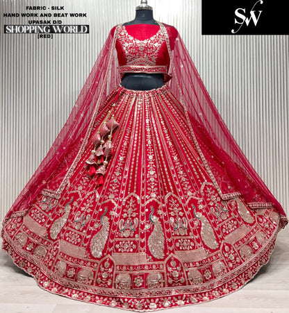 Pleasing red Silk peacock Double Duptta Bridal Lehenga