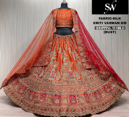 Eye catching Rust orange peacock Silk Bridal Lehenga