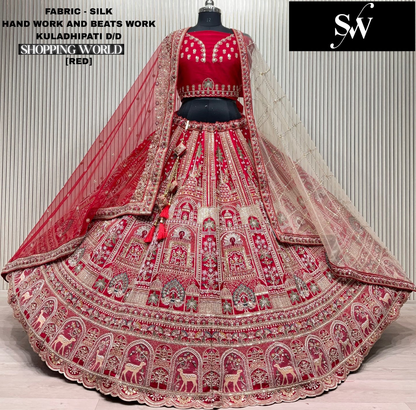 Fabulous Red Silk peacock Bridal Lehenga