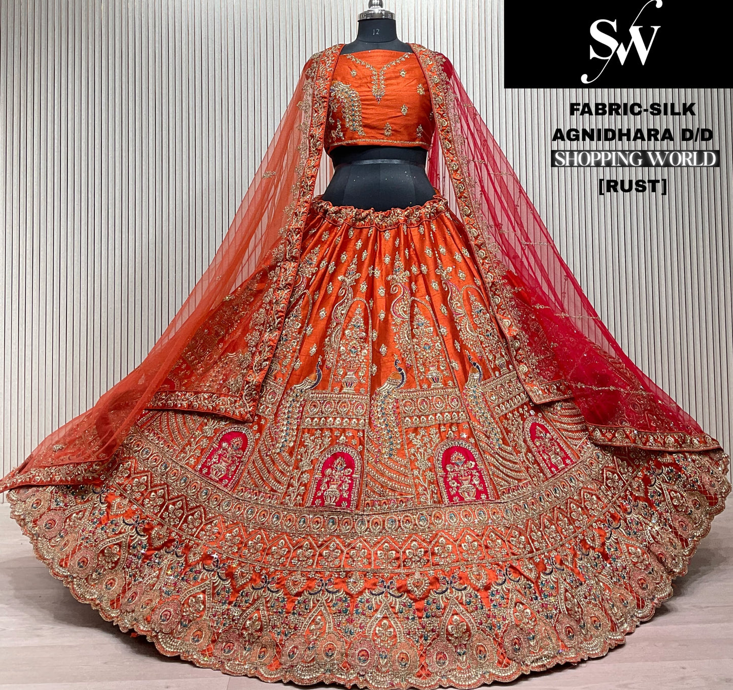 Glamorous red Silk peacock Bridal Lehenga
