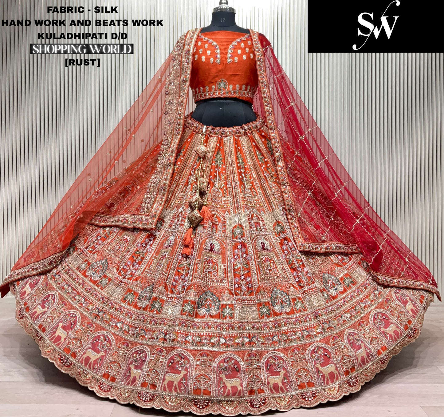 Fabulous Red Silk peacock Bridal Lehenga