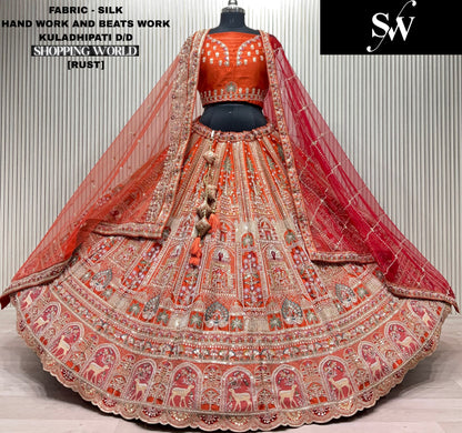 Fabulous Red Silk peacock Bridal Lehenga