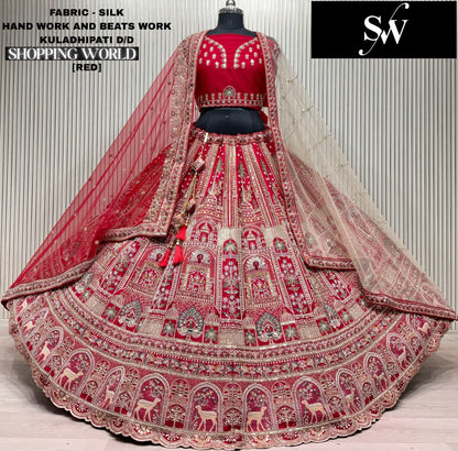 Fabulous Red Silk peacock Bridal Lehenga